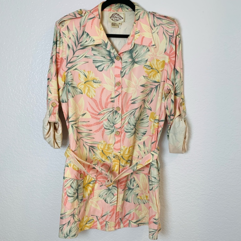 Natural Elements Silk Shirt Dress Size 14 Pink Floral Tropical Hawaiian Belted